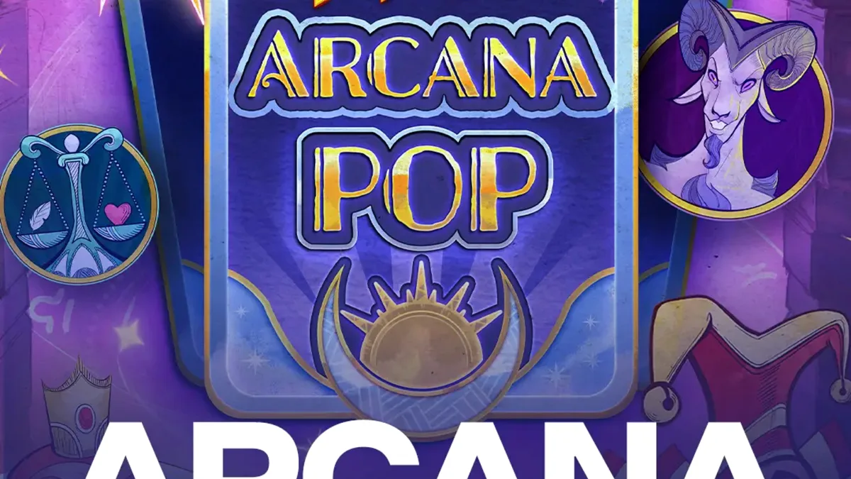 Tampilan visual mistis dari slot Arcana Pop dengan elemen tarot dan simbol celestial