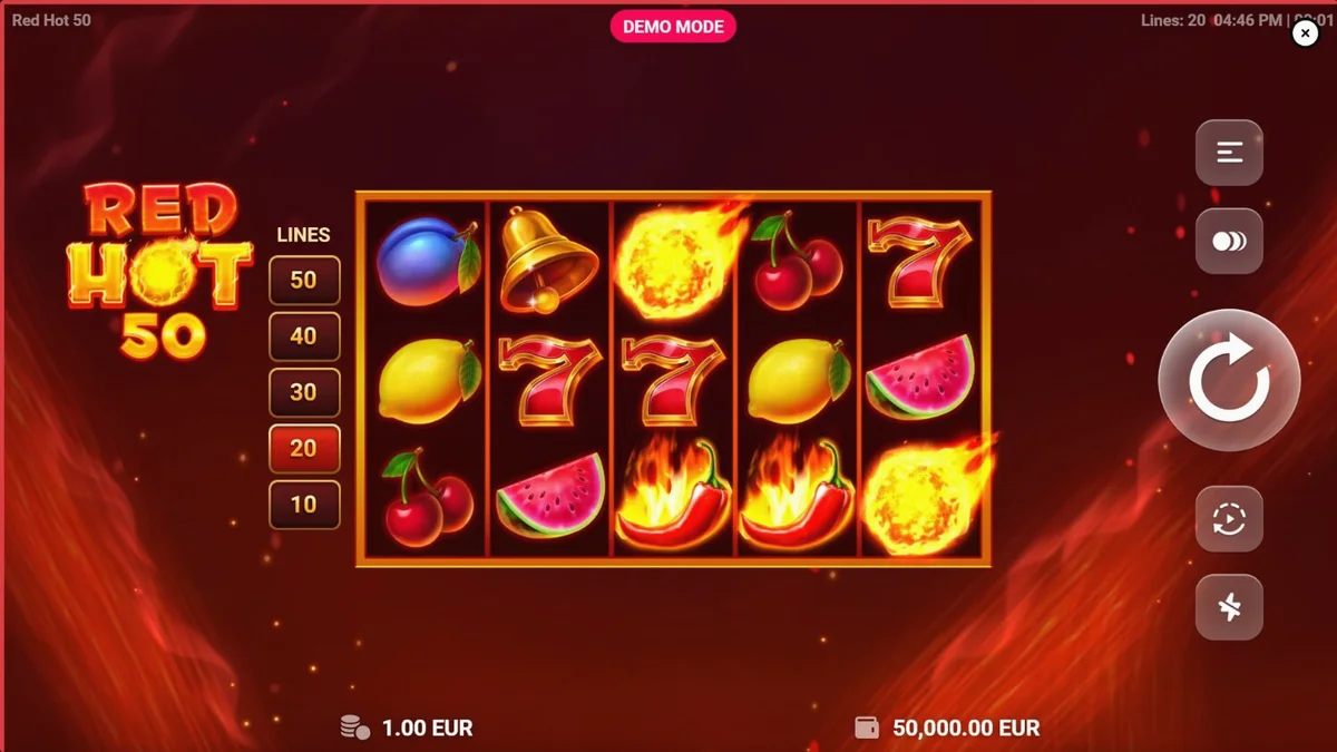 Tampilan visual slot Red Hot 50 dengan tema buah dan api